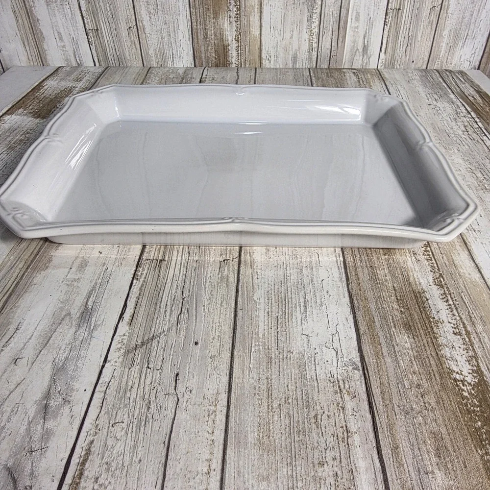 Worldwide Home Products White Ceramic Rectangular Serving Platter Scroll Border